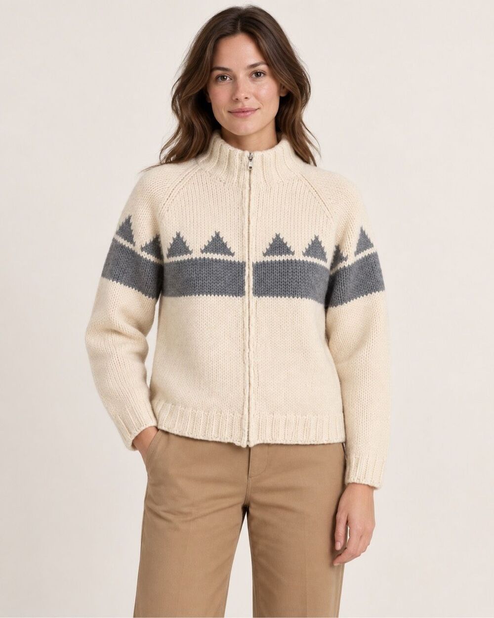 Sam’o Maya 100% Wool Handmade Andean Zip Cardigan Sweater Cream Gray S